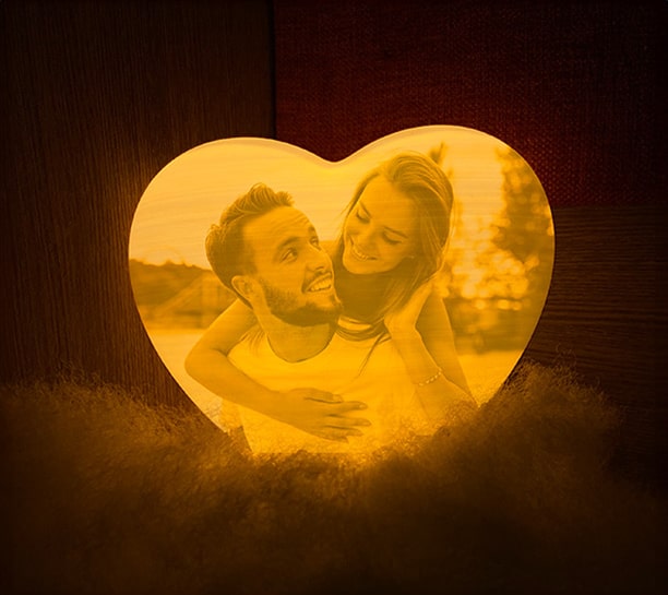 Couple photo printed on heart shape moon lamp